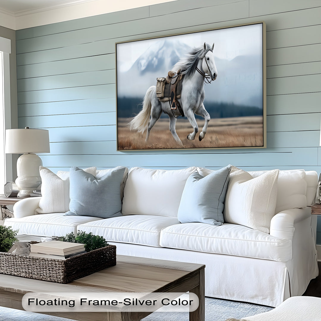 Gallop in the Mist – White Horse with Saddle Canvas Print