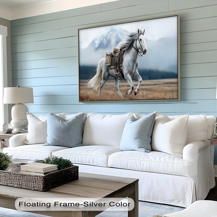 Gallop in the Mist – White Horse with Saddle Canvas Print