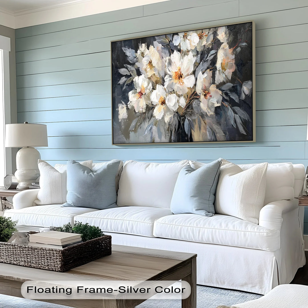 Modern impressionist floral canvas print with white petals and soft shadows

