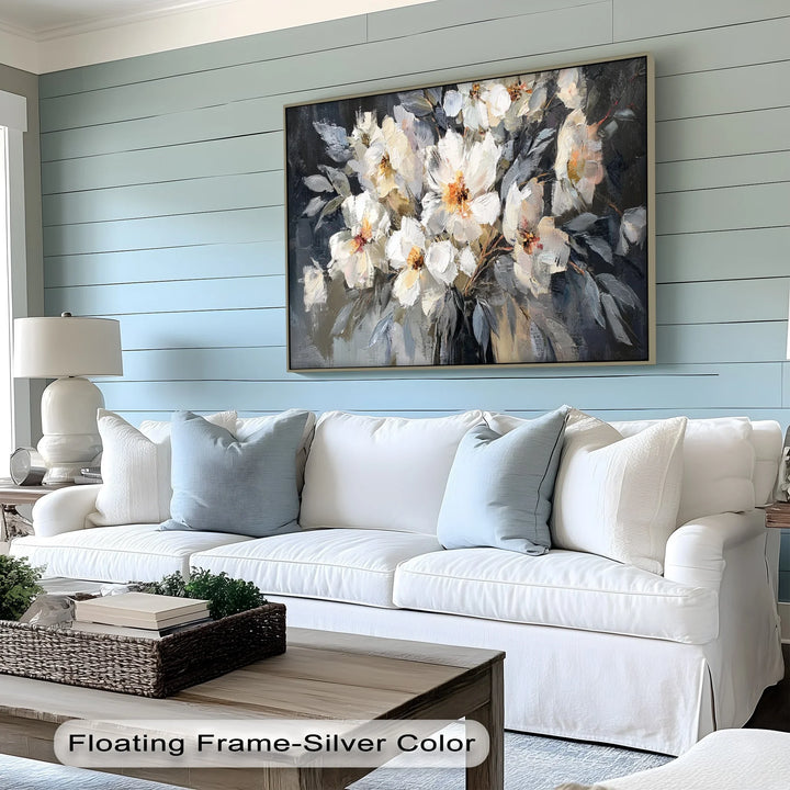 Modern impressionist floral canvas print with white petals and soft shadows

