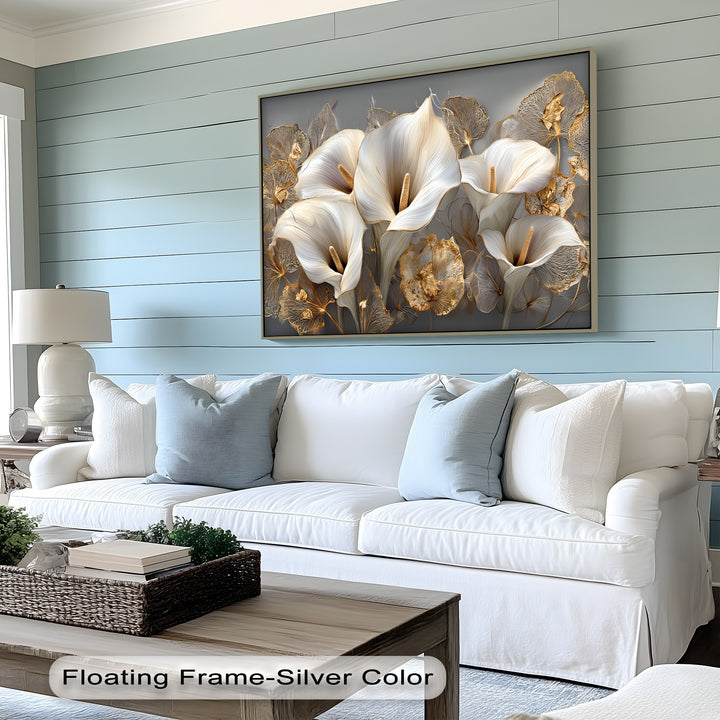 White Calla Lilies with Gold Leaves - Canvas Print