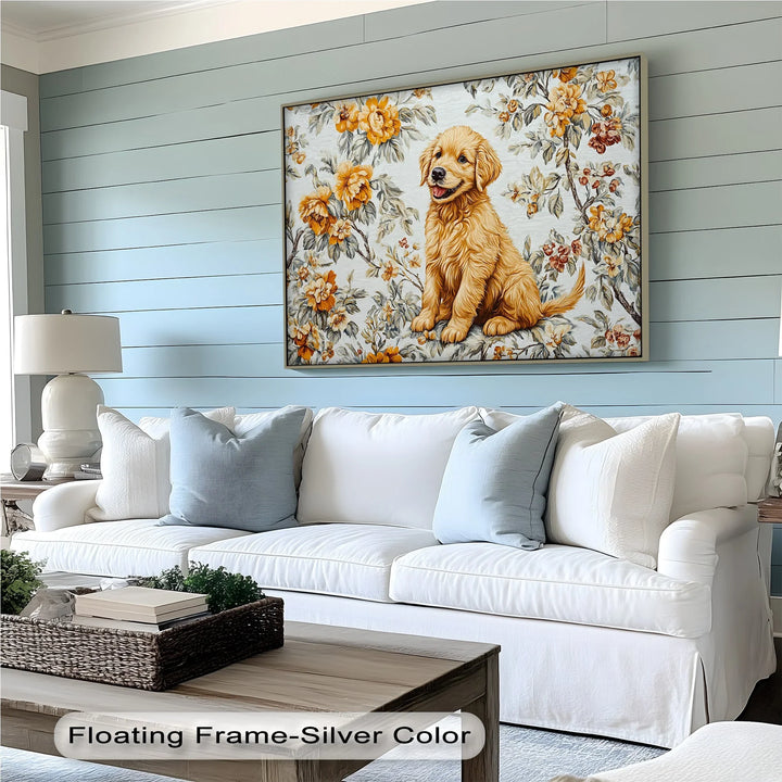 Smiling Golden Retriever Puppy with Vintage Floral Backdrop - Canvas Print - MyPhotoStation