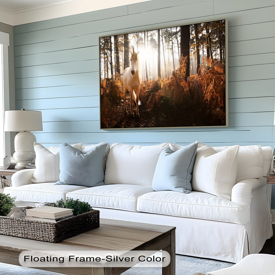 Enchanted Light – White Unicorn in Autumn Forest Canvas Print