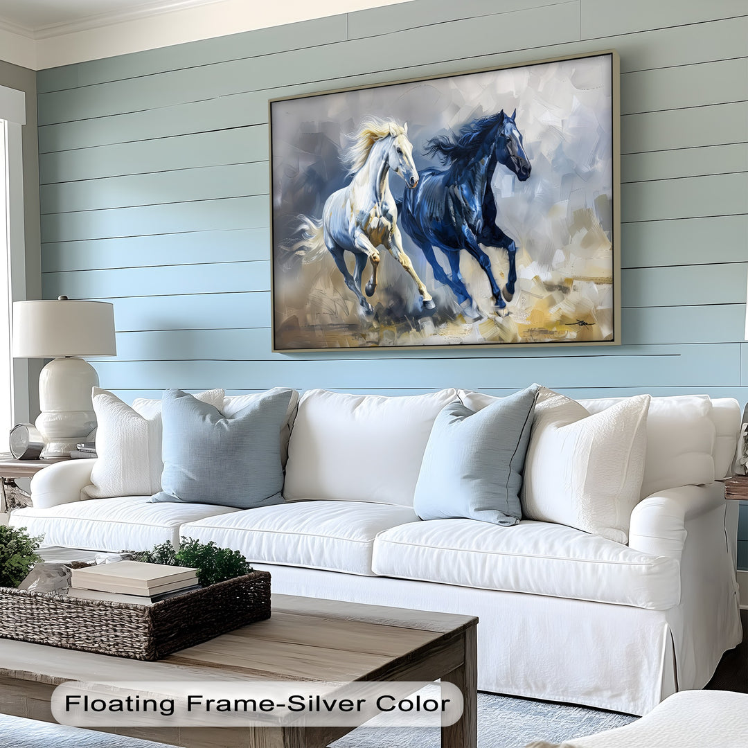 Celestial Gallop – Blue and White Abstract Horse Canvas Print