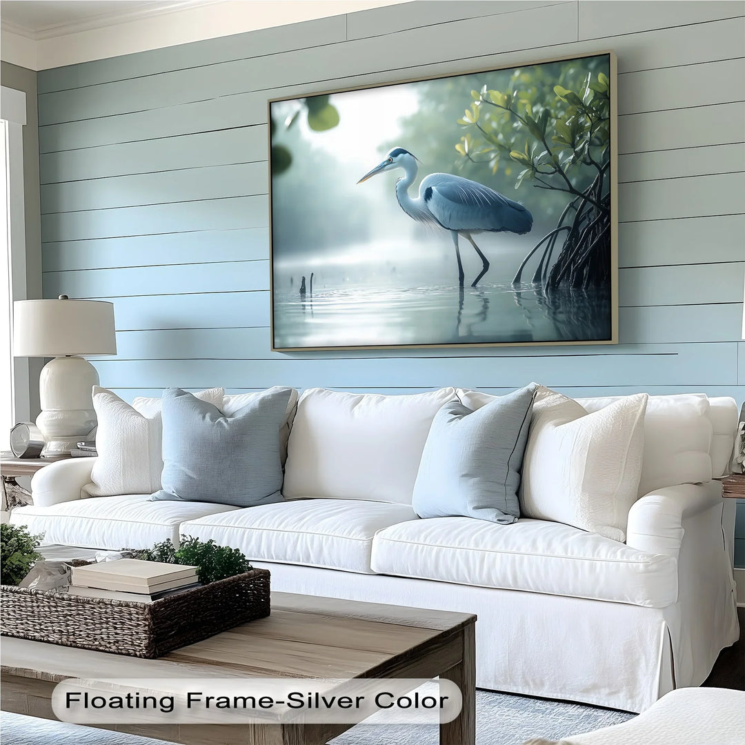 Foggy River Sentinel – peaceful canvas print of a heron near mangroves.

