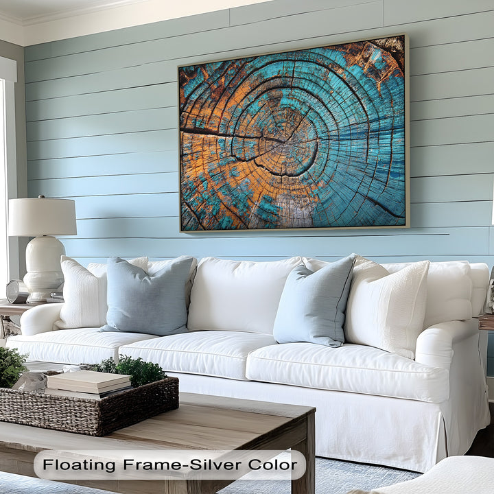 Striking color contrast highlights the turquoise and amber hues in this abstract wood pattern canvas pictures print, adding texture to the tree rings canvas wall art.