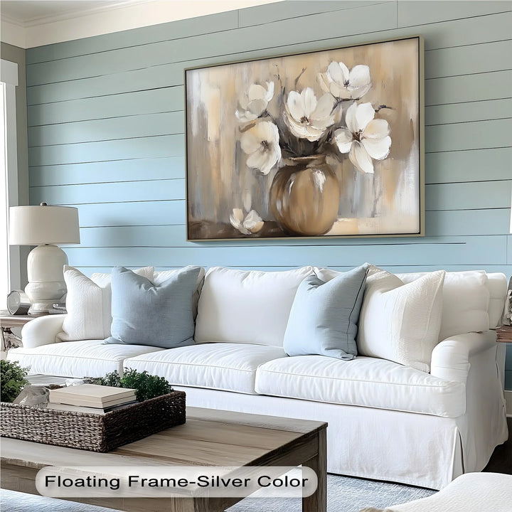 Vintage Serenity – Beige Vase with Cream Flowers Canvas Wall Art - MyPhotoStation