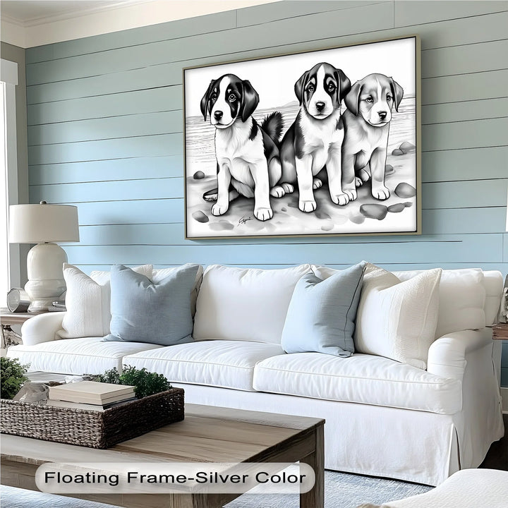 Seaside Trio – Monochrome Puppy Portrait at the Shore Canvas Print - MyPhotoStation