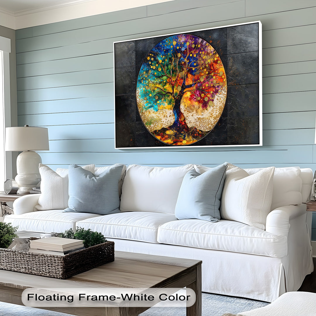 The vibrant premium canvas decor, a round abstract colorful tree, shows incredible depth and layered textures against a serene light blue shiplap wall.