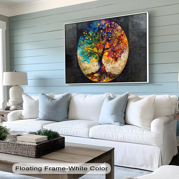 The vibrant premium canvas decor, a round abstract colorful tree, shows incredible depth and layered textures against a serene light blue shiplap wall.
