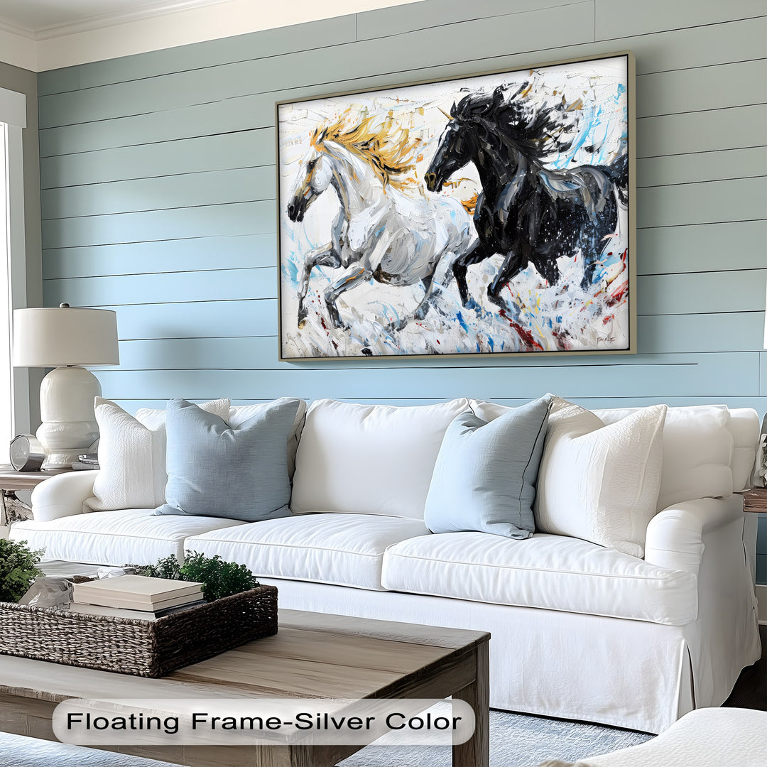 Ethereal Charge – Abstract Black and White Horse Canvas Print