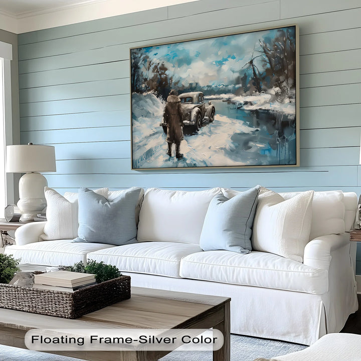 Vintage Car Scene in Snowy Landscape - Car Canvas Print
