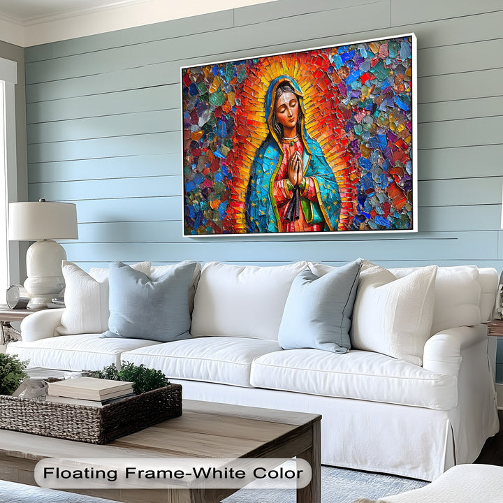 Deep, contrasting hues within the mosaic texture form the darkest areas, emphasizing the colorful Our Lady of Guadalupe canvas pictures.