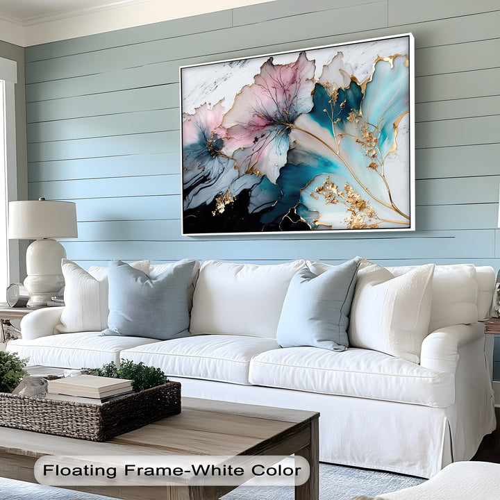 The realistic detail of this pastel floral abstract flower canvas painting shows delicate pink, aqua, and teal petals with striking gold accents.