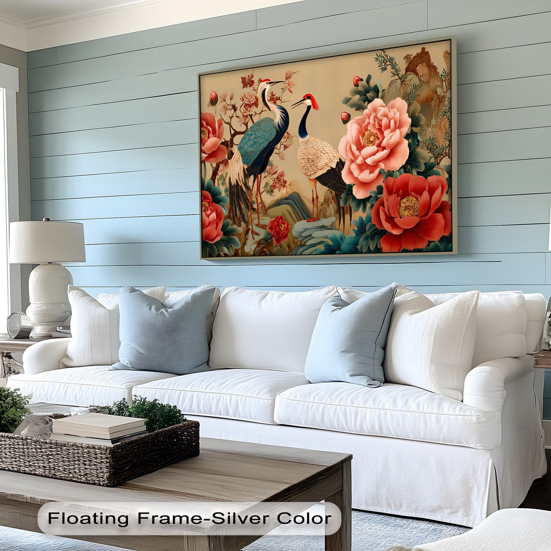 Cranes and Peonies Oriental - Canvas Wall Art | Large Canvas