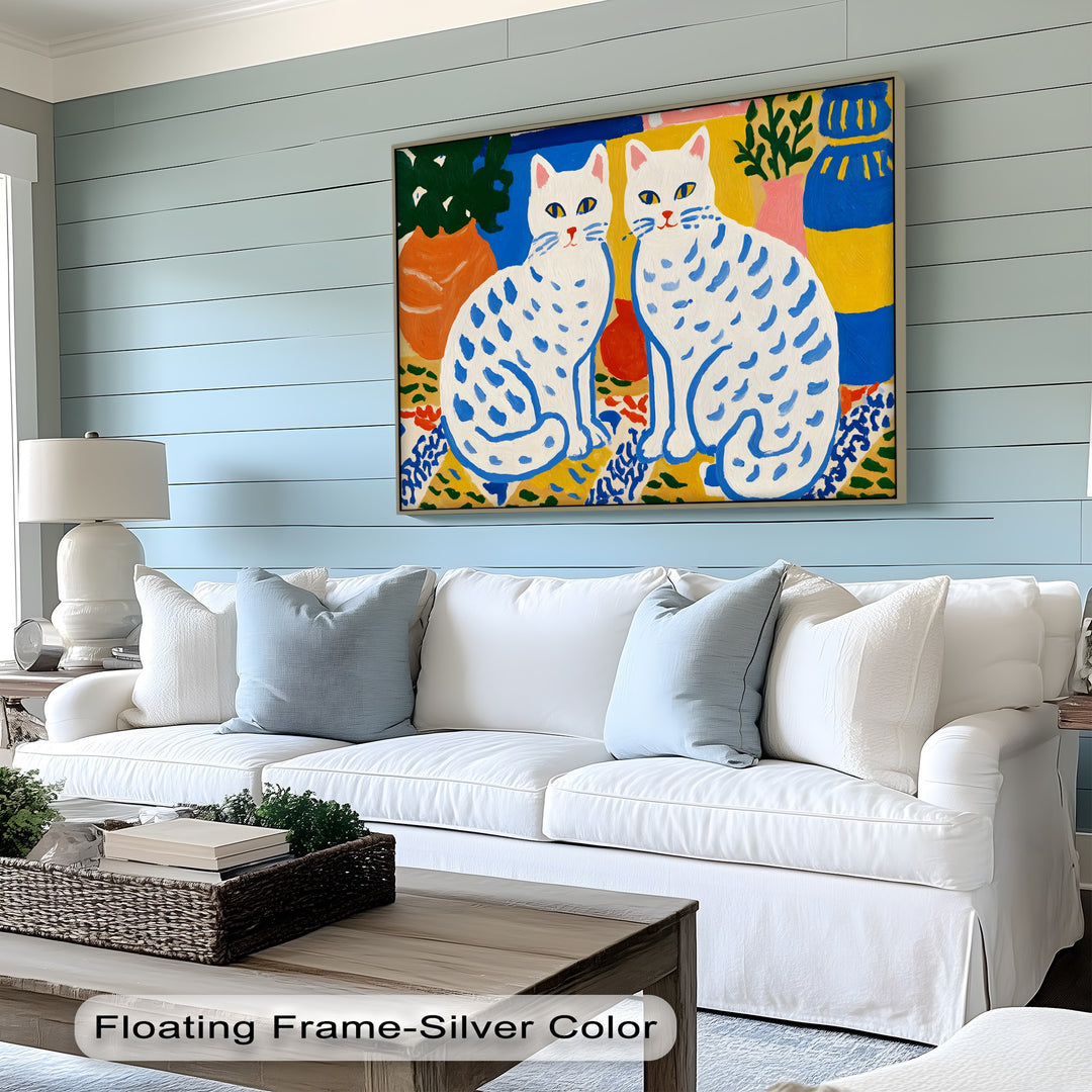 The stillness of this vibrant folk cat canvas art prints is captured with two serene, colorful cats in a Scandinavian-inspired wall art composition.