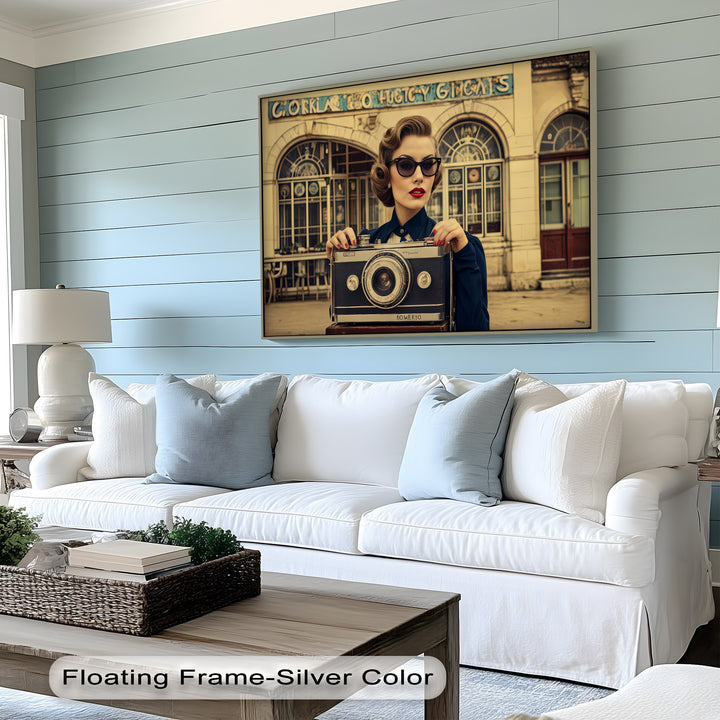 Retro Portrait with Giant Camera – Vintage Glamour Canvas Print