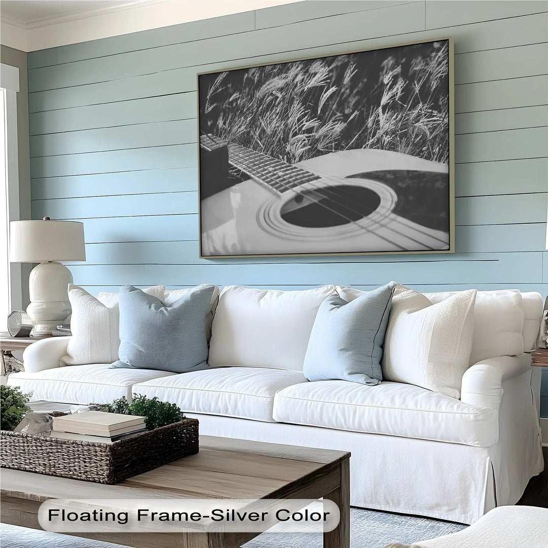 Acoustic Guitar in Field – Black and White Nature Music Canvas Prints - MyPhotoStation