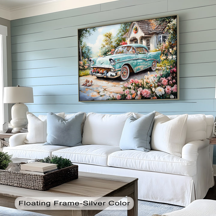 Turquoise Classic Car in Flower Garden – Car Canvas Print