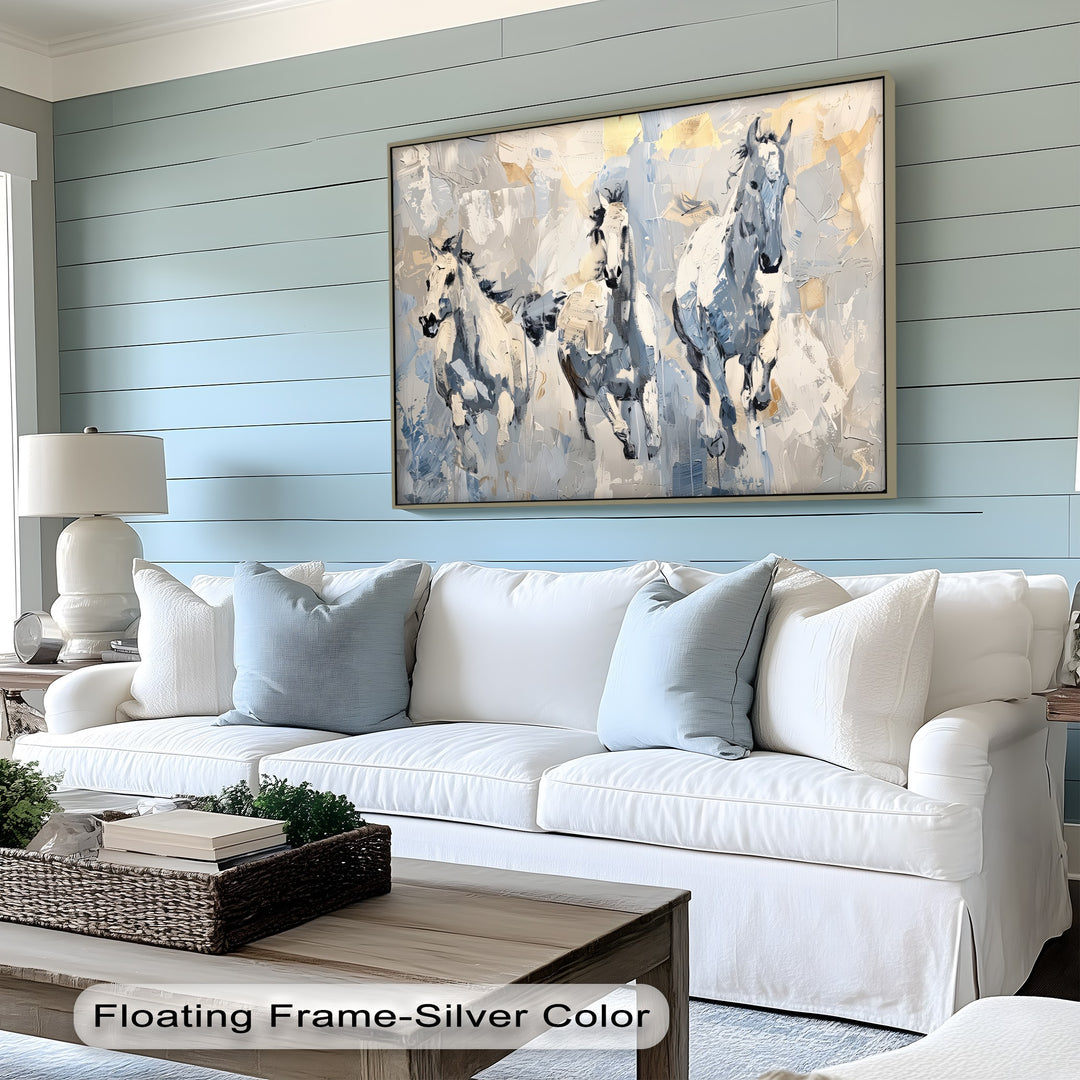 Frozen Gallop – Trio of White Horses in Winter Tones Canvas Print