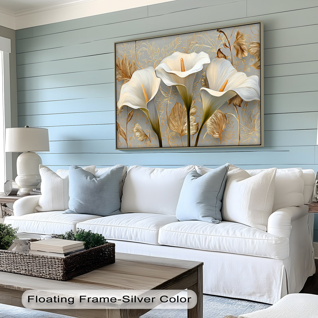 Golden Elegance – White Calla Lilies on Grey Floral Canvas Print