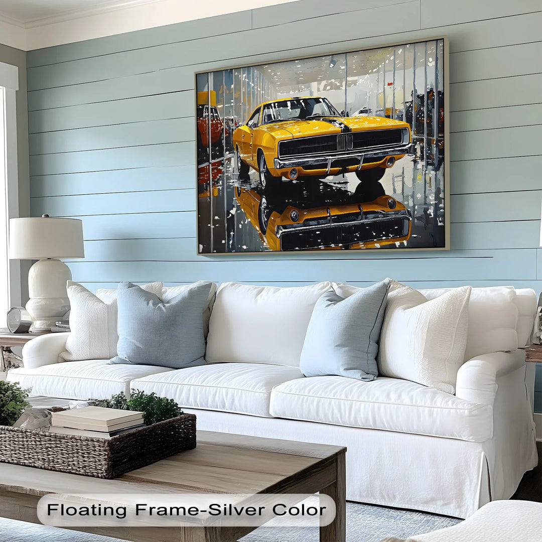 Classic Yellow Dodge Charger in Showroom – Car Canvas Print