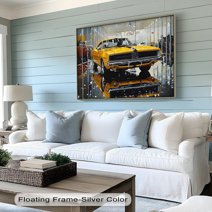 Classic Yellow Dodge Charger in Showroom – Car Canvas Print