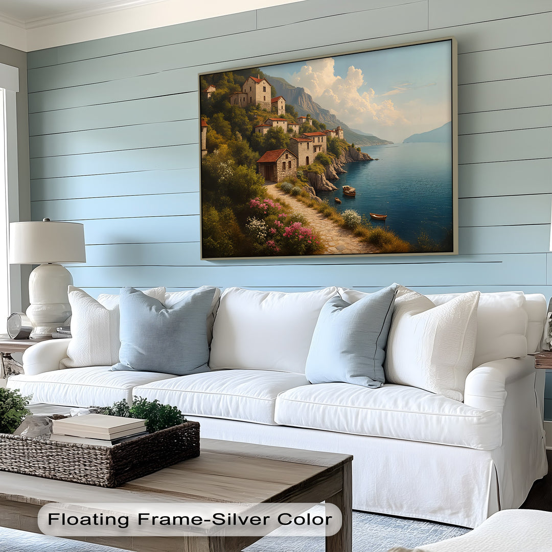 Cliffside Village Serenity – Mediterranean Coastal Canvas Wall Art | Framed Art