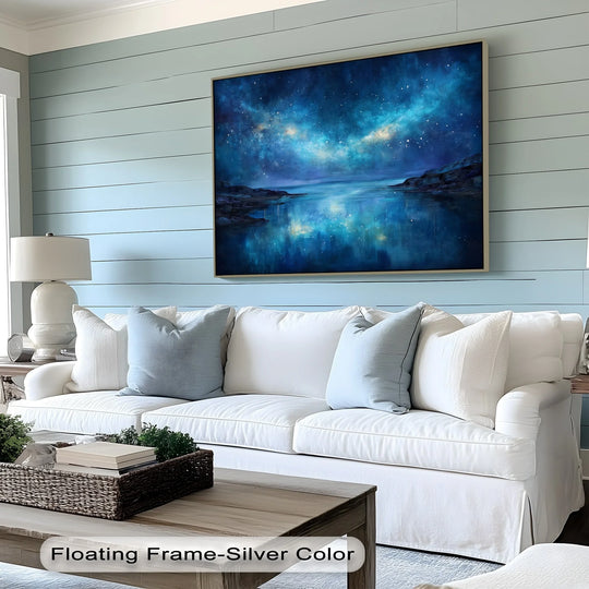 Dreamy galaxy sky reflection in premium canvas decor creates a celestial coastline with a serene view of starlit skies mirrored over tranquil waters.