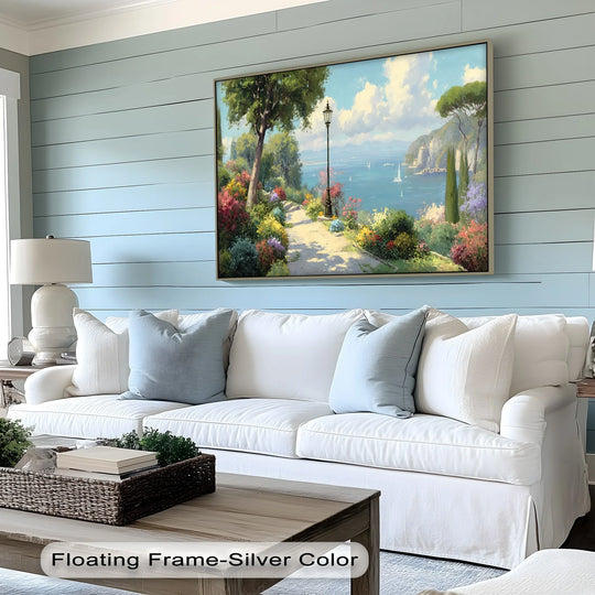 Highlighting the brightest area, this Mediterranean landscape canvas artwork features a sun-drenched path in a vibrant coastal garden stroll, inviting viewers to enjoy the scene.