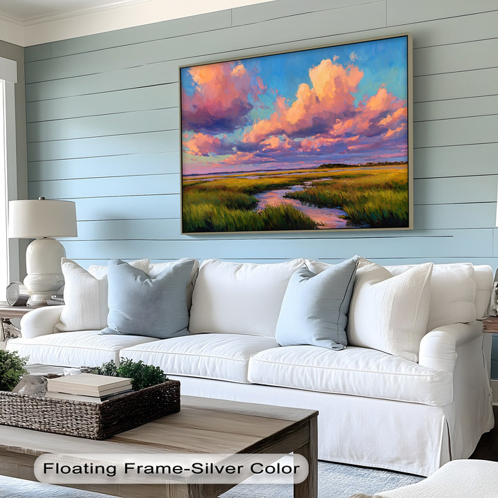 Depicting the horizontal lines of the wall behind it, this golden sunset marsh landscape canvas print enhances the wall's geometry with its framed canvas wall decor.
