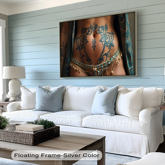 Subtle color gradations enhance the transition from skin tone to intricate turquoise tattoos on this 'Ornate Desire' hanging canvas, creating a visually striking piece.