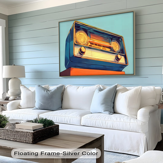 The central subject is a sunwave tuner, showcasing high quality canvas prints in a retro blue and orange radio design.