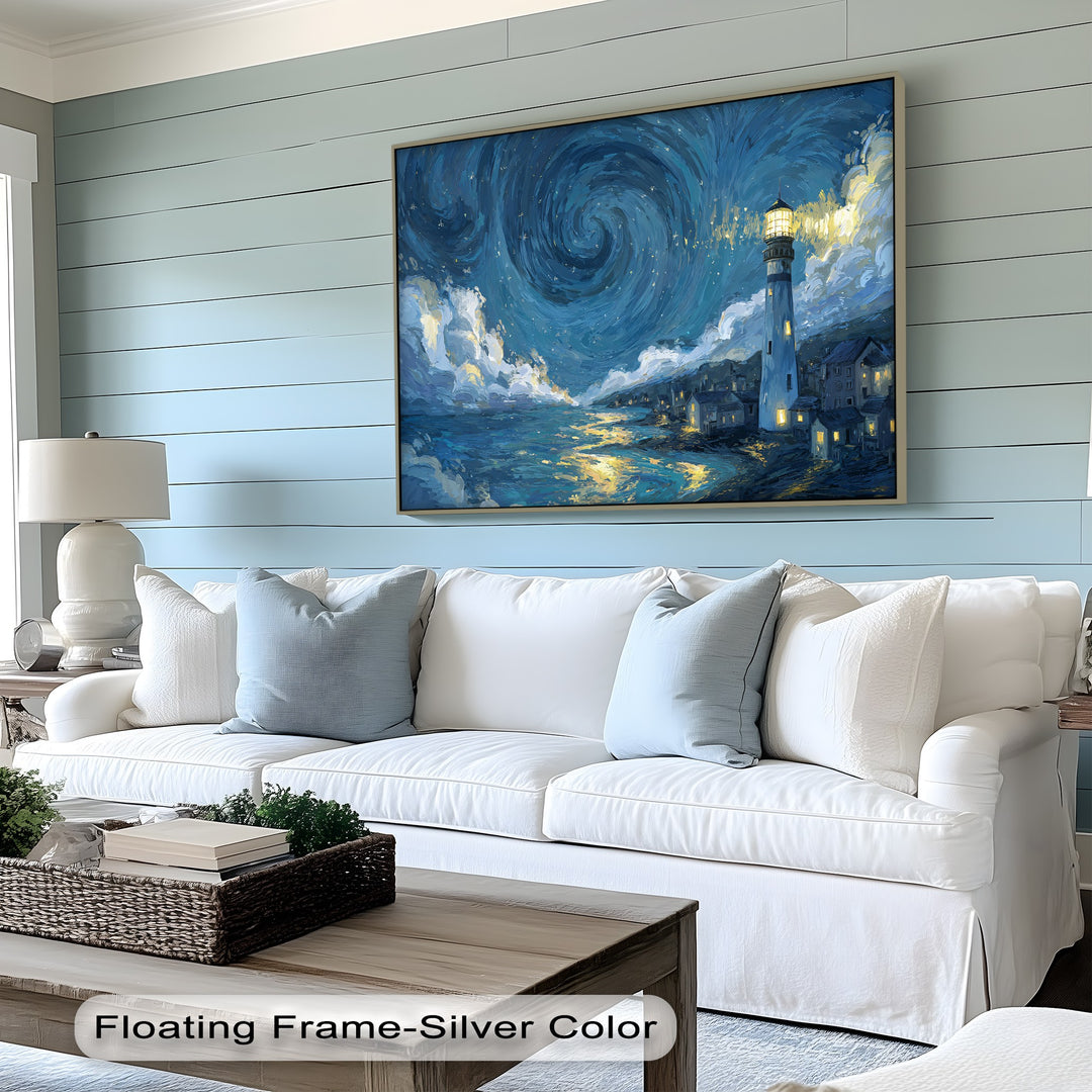 The expansive negative space around this premium canvas decor highlights the dramatic Starry Night Lighthouse canvas print, emphasizing the swirling night sky above the illuminated coastal scene.