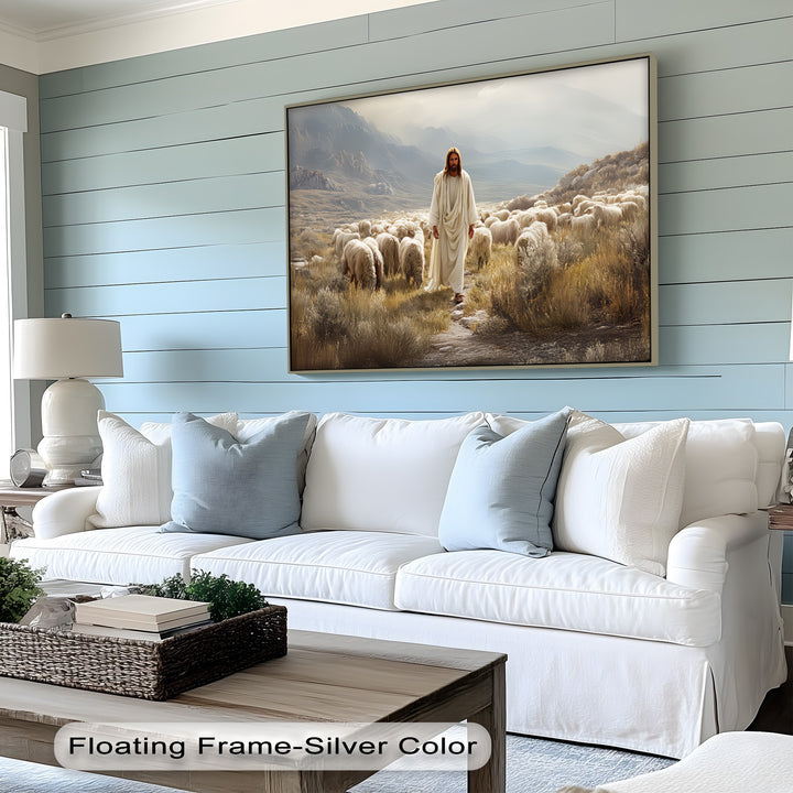 Jesus with Sheep in Mountain Valley - Religious Canvas Print