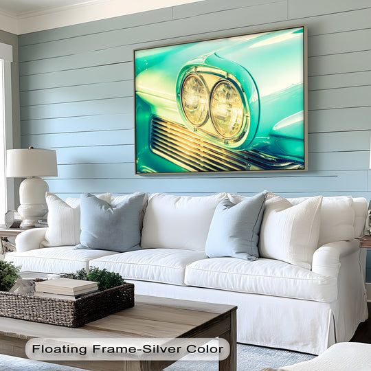 Featuring clean edges and borders, this golden glow canvas print showcases a close-up of classic car headlights from our selection of canvas art prints.