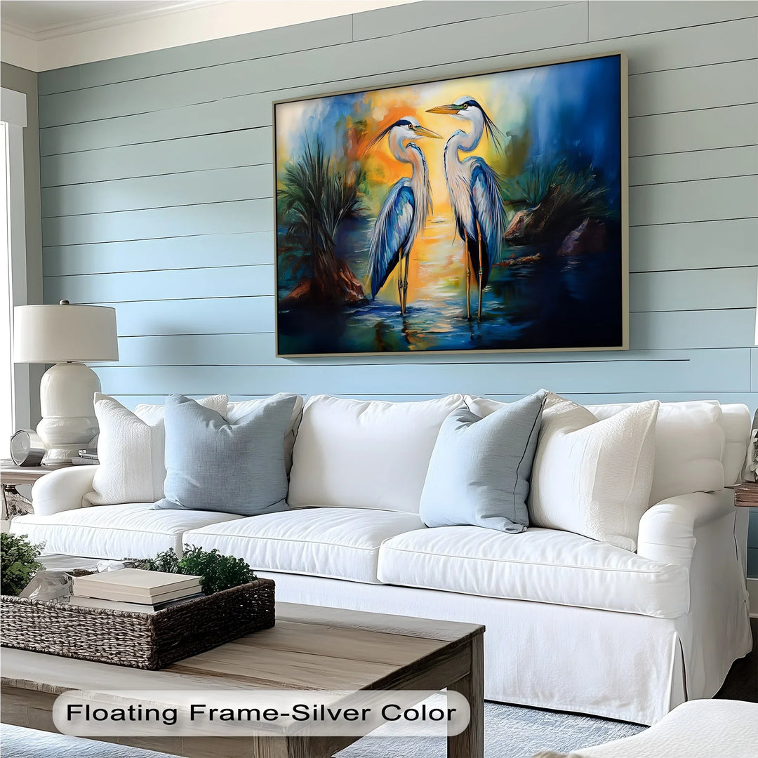 Twin Grace – Elegant Blue Herons at Sunset Canvas Wall Art - MyPhotoStation