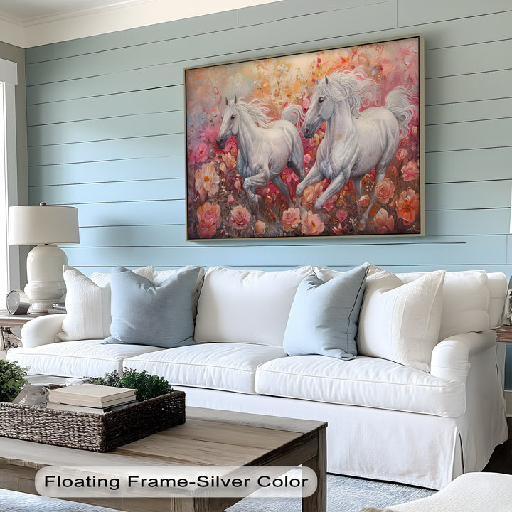 White Horses in Blooming Garden - Horse Canvas Print
