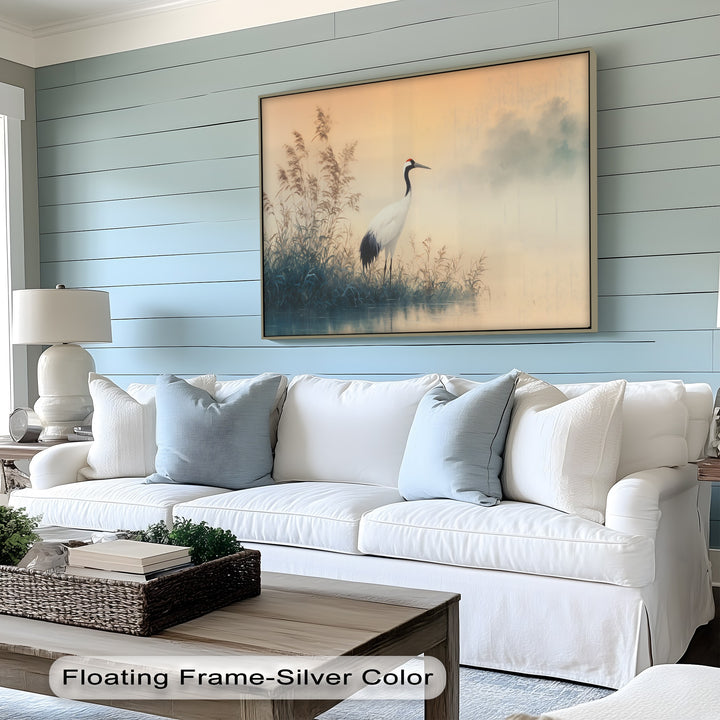 Warm color temperatures highlight the elegant red crown crane in this minimalist nature bird canvas wall art print, creating a serene atmosphere.