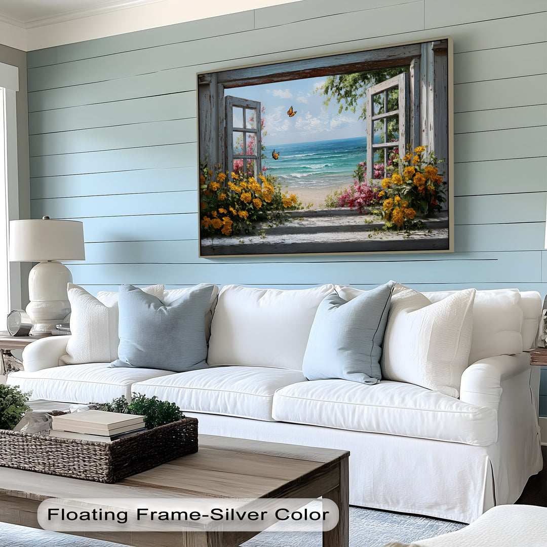 Golden Blooms & Ocean Breeze – Window View Canvas Print