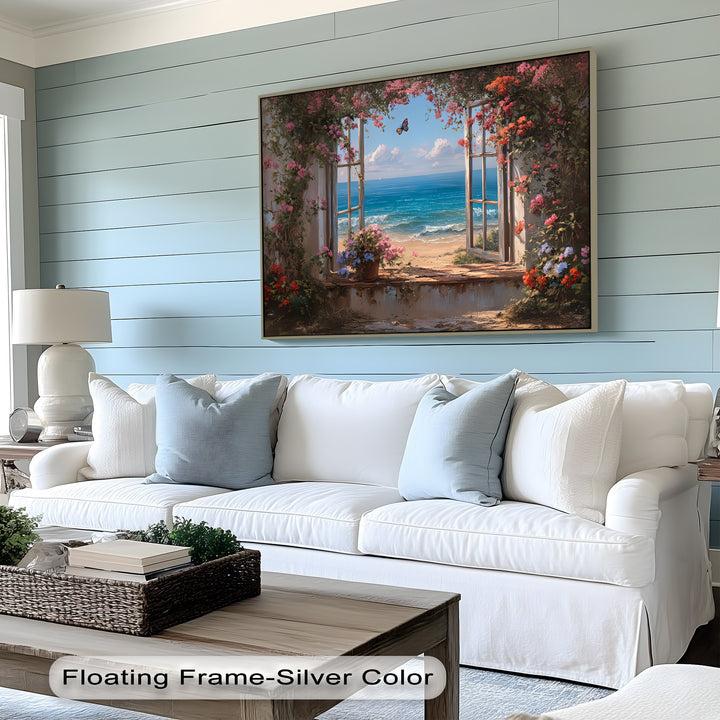 Blossoms by the Sea – Open Window Beach View Canvas Print