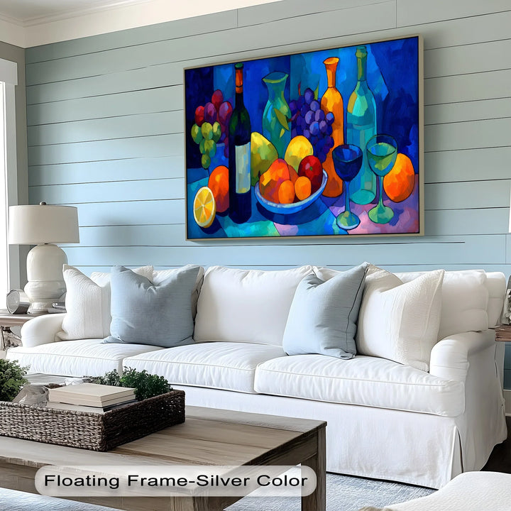 Bold and artistic fruit bowl canvas picture with deep blue tones

