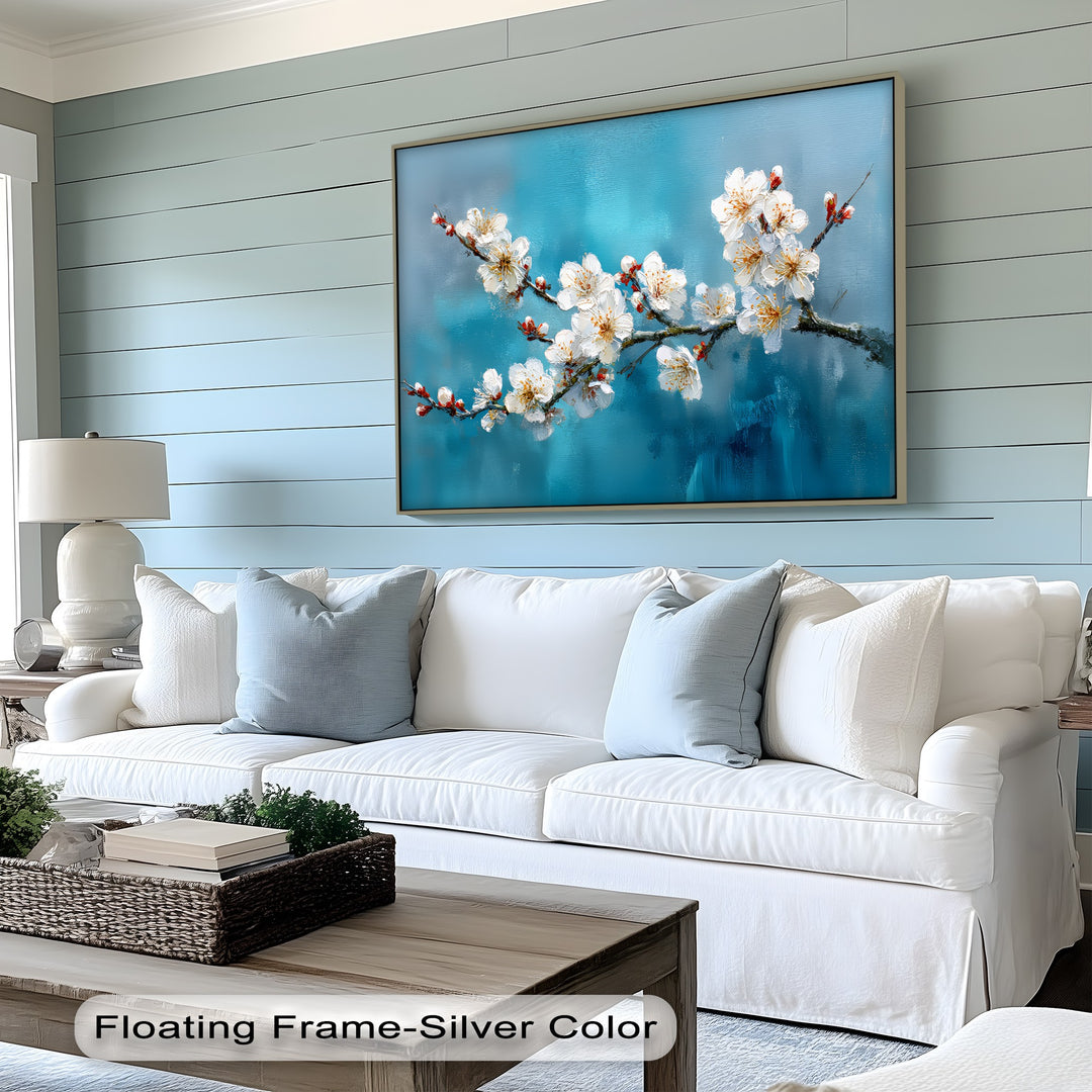 Blossom Serenity – White Cherry Blooms on Blue Canvas Print
