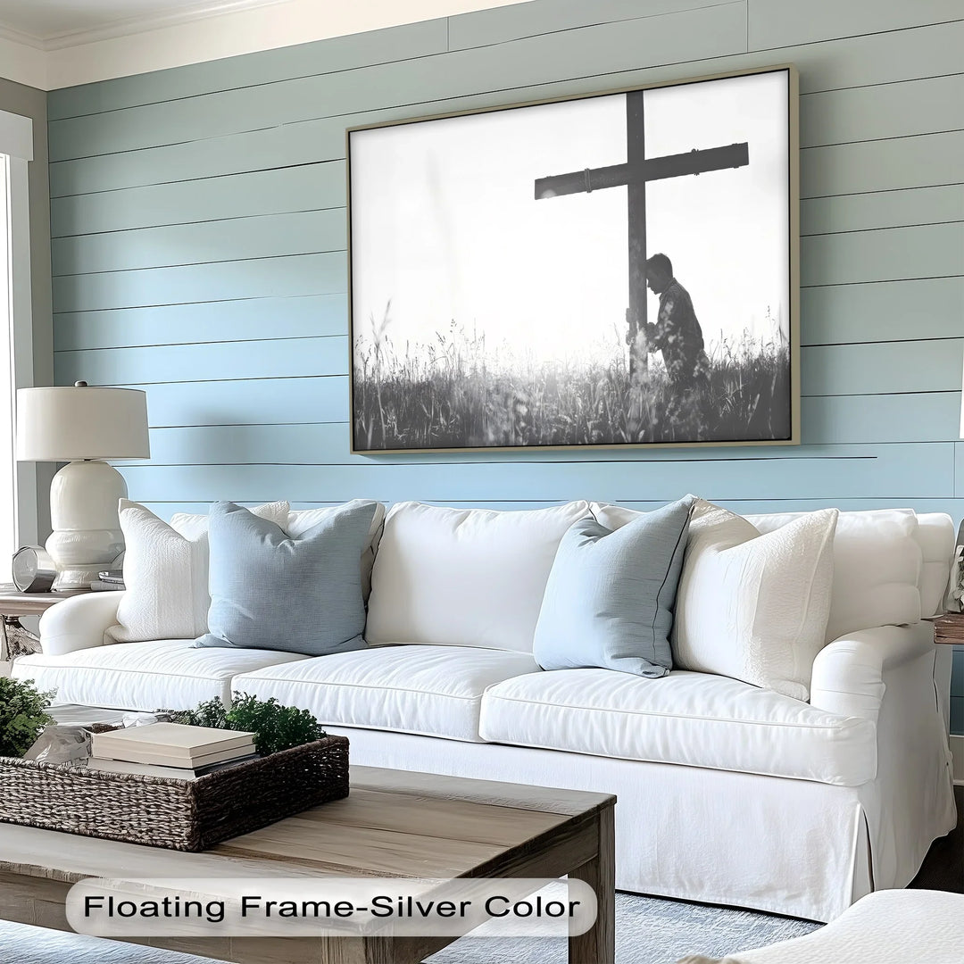 In Surrender – Black and White Prayer with Cross Canvas Print
