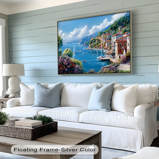 Dramatic color contrast highlights the Harbor Serenity canvas artwork, a Mediterranean seaside village scene rendered in beautiful canvas artwork with blue waters and vibrant homes.