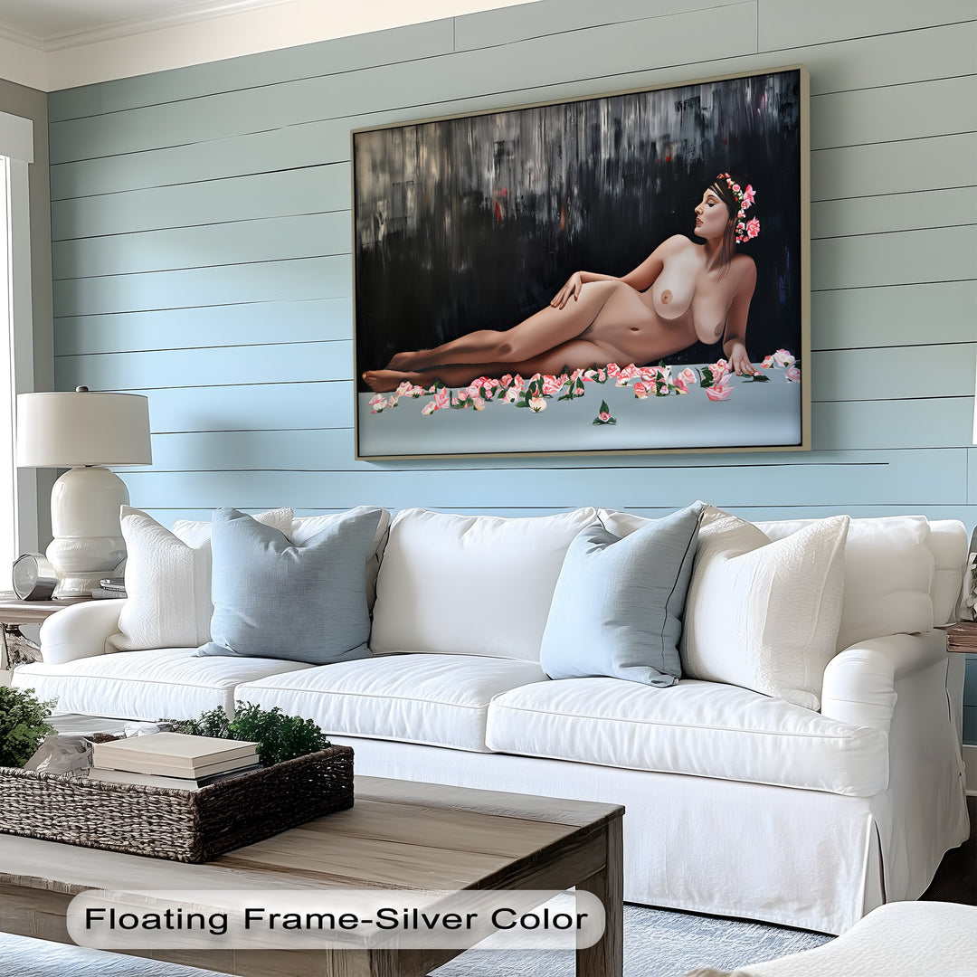 Petals of Grace – Reclining Nude Canvas Wall Art | Floral Erotic Print