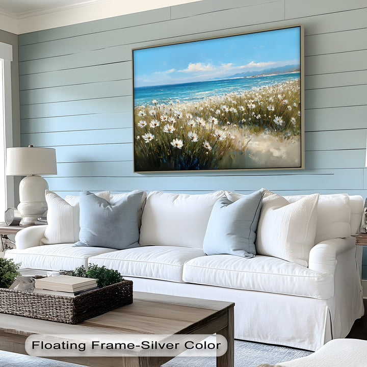 Whispers of the Coast – Daisy Field by the Ocean Canvas Print