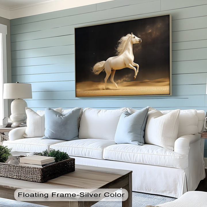 Desert Majesty – White Stallion in Golden Sands Canvas Print