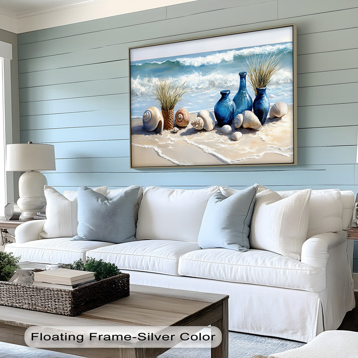 Coastal Calm – Seashells and Blue Vases Beach Scene Canvas Print