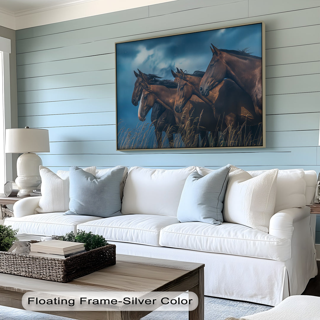 Herd of Brown Horses Under Moody Sky - Horse Canvas Print